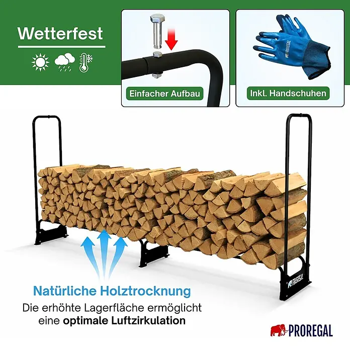 Proregal Kaminholzregal - 36 x 36 x 117 cm, Stahl, Schwarz - Schwarzes Metall-Holzregal, gefüllt mit gestapeltem Brennholz, wetterfest und für optimale Holztrocknung durch erhöhte Lagerung konzipiert.