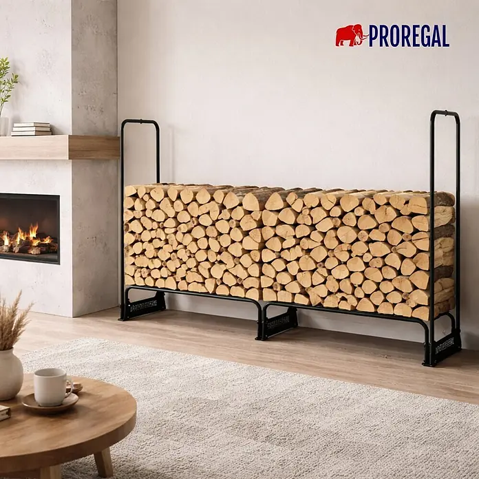 Proregal Kaminholzregal - 36 x 36 x 117 cm, Stahl, Schwarz - Schwarzes Metall-Kaminholzregal, gefüllt mit Holzscheiten, in einem modernen Wohnzimmer neben einem Kamin.