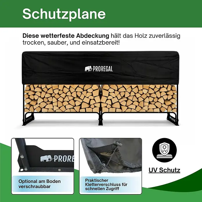 Proregal Kaminholzregal - 36 x 36 x 117 cm, Stahl, Schwarz - Schwarze, wetterfeste Schutzplane für Brennholzregal. Hält Holz trocken, sauber und einsatzbereit, mit Klettverschluss und UV-Schutz.