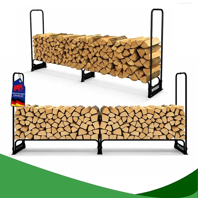 Proregal Kaminholzregal - 36 x 36 x 117 cm, Stahl, Schwarz - Schwarzes Metall-Brennholzregal, gefüllt mit gestapeltem Brennholz. Als lange Einheit und zwei kürzere Einheiten dargestellt.
