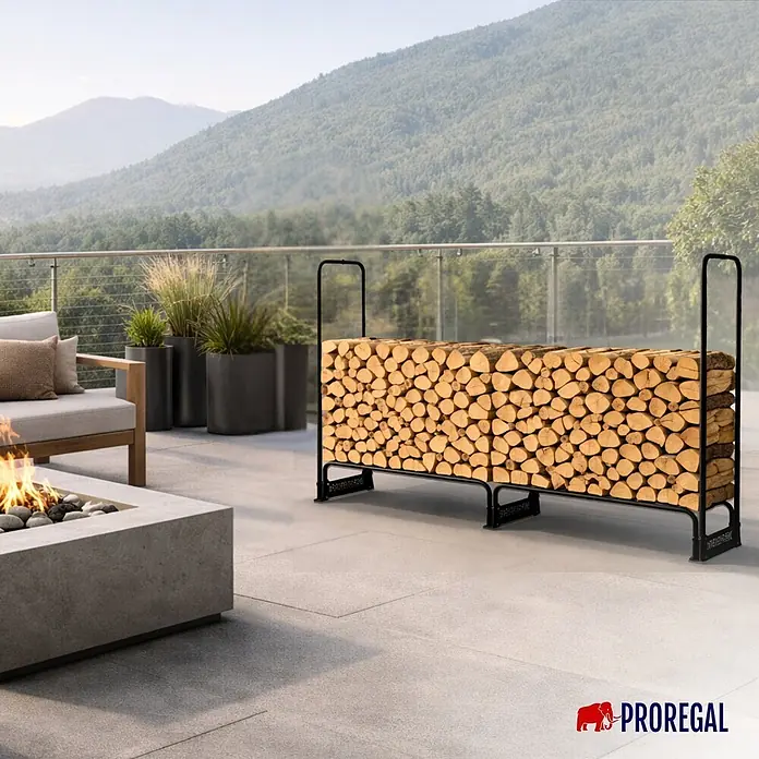 Proregal Kaminholzregal - 36 x 36 x 117 cm, Stahl, Schwarz - Schwarzes Metall-Brennholzregal, gefüllt mit Holzscheiten, auf einer Terrasse neben einer Feuerstelle.