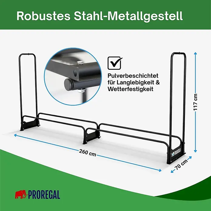 Proregal Kaminholzregal - 36 x 36 x 117 cm, Stahl, Schwarz - Robustes, schwarz pulverbeschichtetes Stahlgestell (260x117x70 cm) für Langlebigkeit und Wetterfestigkeit.