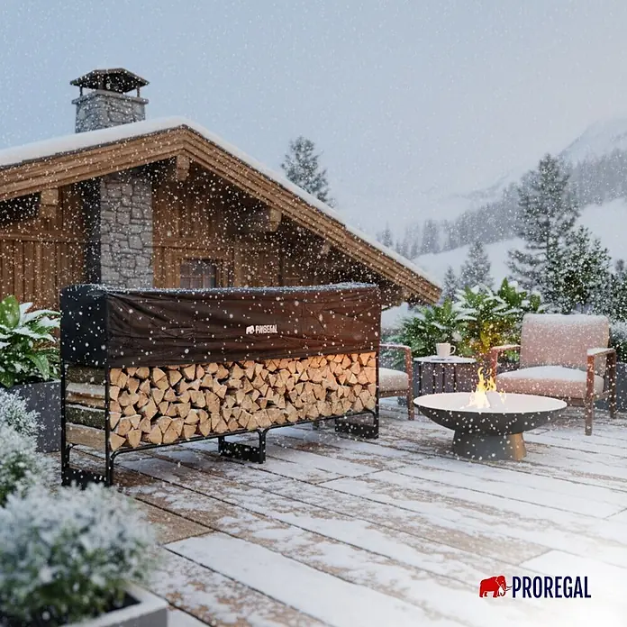 Proregal Kaminholzregal - 36 x 36 x 117 cm, Stahl, Schwarz - Großes schwarzes Metall-Brennholzregal mit brauner Abdeckung, gefüllt mit Holzscheiten, auf einer verschneiten Terrasse vor einer Hütte.