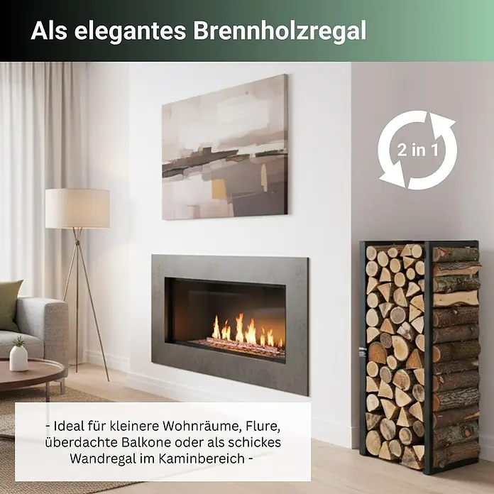 Proregal Kaminholzregal - 31 x 31 x 92 cm, Stahl, Schwarz - Elegantes Brennholzregal mit Metallrahmen, gefüllt mit Holzscheiten, in einem modernen Wohnzimmer neben einem Kamin.