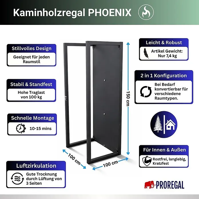 Proregal Kaminholzregal - 31 x 31 x 92 cm, Stahl, Schwarz - Schwarzes Metall-Kaminholzregal mit den Maßen 100x100x150 cm, geeignet für Innen und Außen, stabil und leicht.