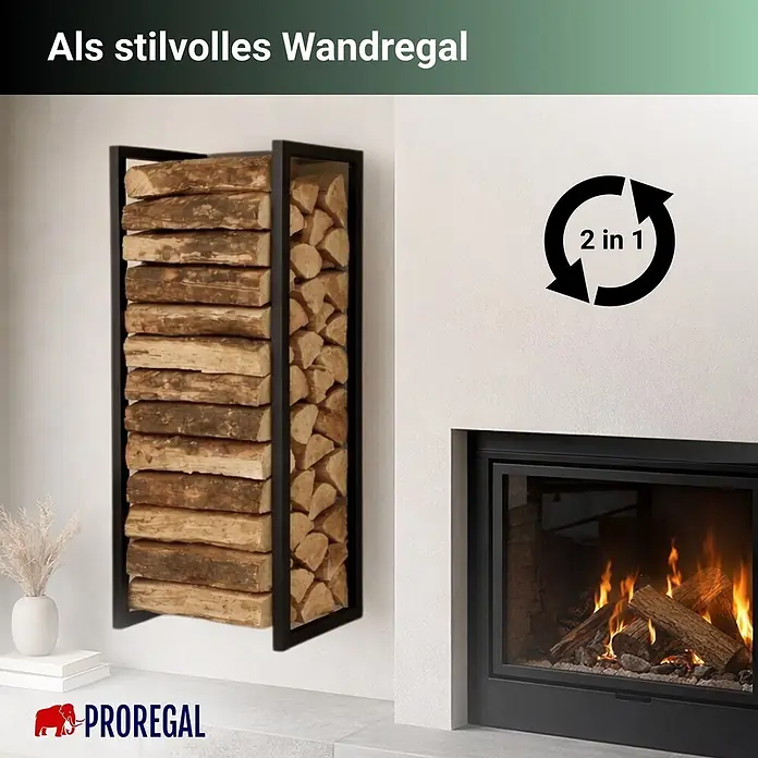 Proregal Kaminholzregal - 31 x 31 x 92 cm, Stahl, Schwarz - Schwarzes Metall-Kaminholzregal mit Holzscheiten, als stilvolles Wandregal neben einem Kamin.