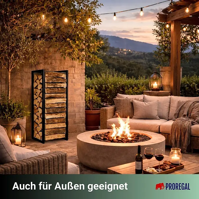 Proregal Kaminholzregal - 31 x 31 x 92 cm, Stahl, Schwarz - Schwarzes Metall-Kaminholzregal, gefüllt mit Holzscheiten, auf einer Terrasse im Freien.