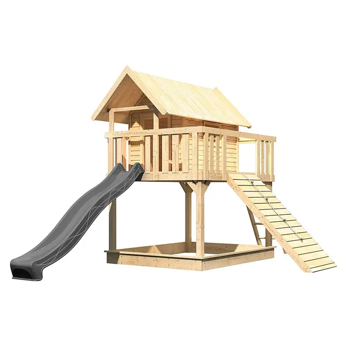 Karibu Spielhaus Set Fidel 20 - L x B x H: 243 x 198 x 329,5 cm, Holz, Naturbelassen - Helles Holzspielhaus mit dunkelgrauer Rutsche, Kletterrampe und Sandkastenbasis.