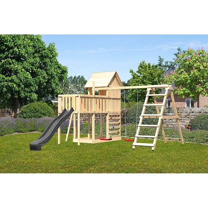 Karibu Spielhaus Set Frieda 57 - L x B x H: 107 x 107 x 291 cm, Holz, Naturbelassen - Hölzernes Kinderspielhaus mit schwarzer Rutsche und roten Schaukeln.