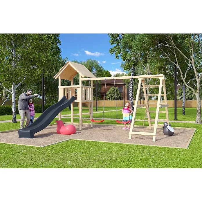 Karibu Kinderspielturm Set Lotti 61 - L x B x H: 107 x 107 x 291 cm, Holz, Naturbelassen - Hölzerner Spielplatz mit dunkelgrauer Rutsche, roten Schaukeln und Kletterleiter, von Kindern im Garten genutzt.
