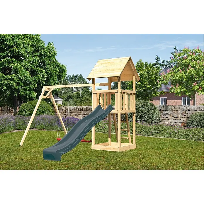 Karibu Kinderspielturm Set Lotti 58 - L x B x H: 107 x 107 x 291 cm, Holz, Naturbelassen - Hölzernes Spielgerät mit Turm, dunkelgrauer Rutsche und zwei roten Schaukeln in einem grünen Garten.
