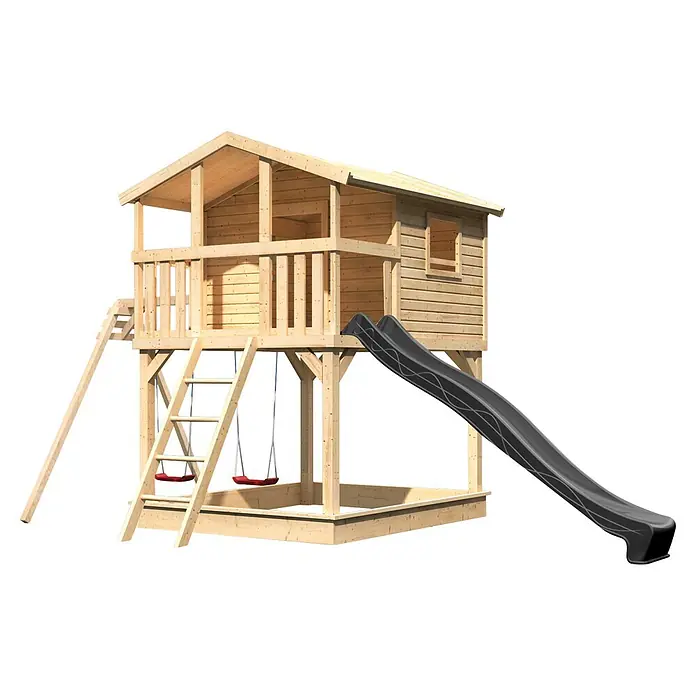 Karibu Spielhaus Benjamin Set 25 - L x B x H: 244 x 198 x 309 cm, Holz, Naturbelassen - Erhöhtes Holzspielhaus mit hellem Holzrahmen, Dach, Leiter, zwei roten Schaukeln und einer dunkelgrauen Rutsche.