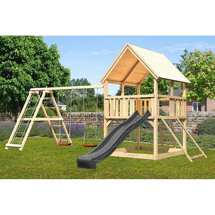 Karibu Kinderspielturm Set Luis 32 - L x B x H: 200 x 200 x 345 cm, Holz, Naturbelassen - Großes Holzspielgerät mit Haus, dunkelgrauer Rutsche, roten Schaukeln und Klettergerüst.