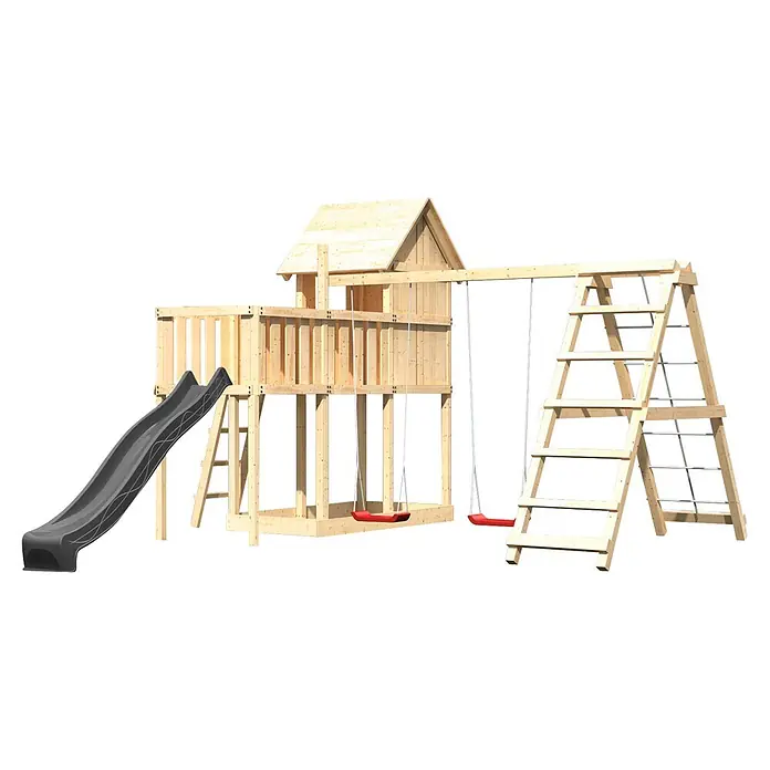 Karibu Spielhaus Set Frieda 72 - L x B x H: 107 x 107 x 291 cm, Holz, Naturbelassen - Holzspielplatz für Kinder mit dunkelgrauer Rutsche, Spielhaus und zwei roten Schaukeln.