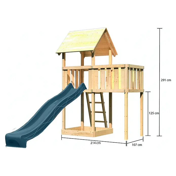 Karibu Kinderspielturm Set Lotti 60 - L x B x H: 107 x 107 x 291 cm, Holz, Naturbelassen - Hölzernes Spielhaus mit blauer Rutsche, Turm und Leiter für Kinderspielgeräte im Freien.