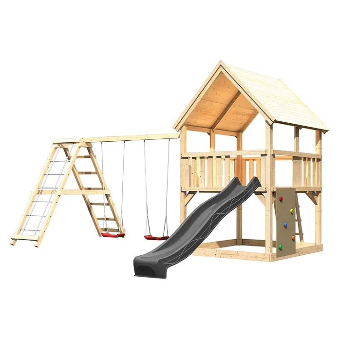 Karibu Kinderspielturm Set Luis 28 - L x B x H: 200 x 200 x 345 cm, Holz, Naturbelassen - Spielturm aus Holz mit Rutsche, zwei Schaukeln und Kletterwand.