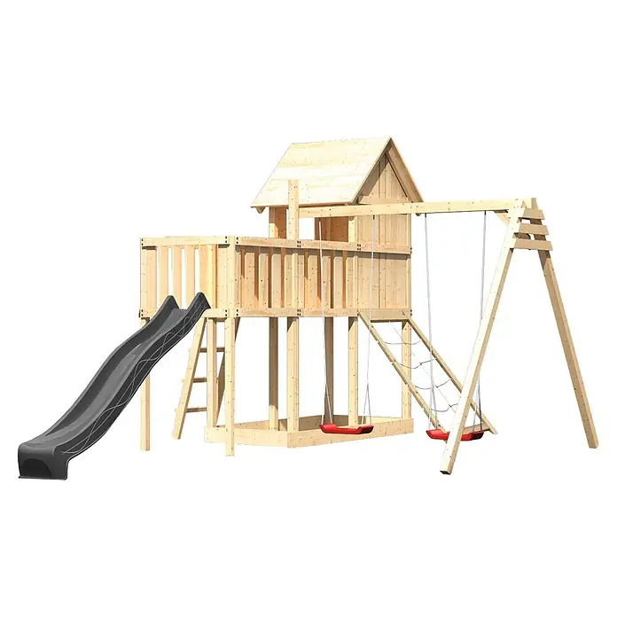 Karibu Spielhaus Set Frieda 56 - L x B x H: 107 x 107 x 291 cm, Holz, Naturbelassen - Ein Spielplatz aus Holz mit Spielhaus, schwarzer Rutsche und zwei roten Schaukeln.
