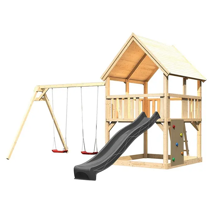 Karibu Kinderspielturm Set Luis 36 - L x B x H: 200 x 200 x 345 cm, Holz, Naturbelassen - Hölzerner Spielplatz mit Spielhaus, dunkelgrauer Rutsche, zwei roten Schaukeln und Kletterwand mit bunten Griffen.