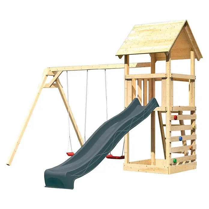 Karibu Kinderspielturm Set Lotti 57 - L x B x H: 107 x 107 x 291 cm, Holz, Naturbelassen - Spielplatz aus hellem Holz mit dunkelgrauer Rutsche, zwei roten Schaukeln und Kletterwand.