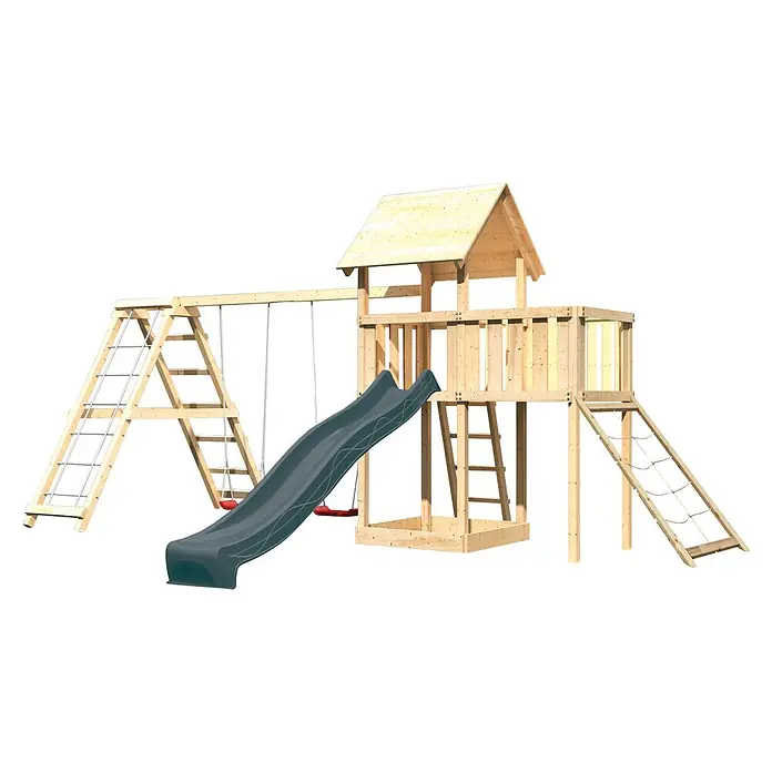 Karibu Kinderspielturm Set Lotti 64 - L x B x H: 107 x 107 x 291 cm, Holz, Naturbelassen - Diagonale Ansicht