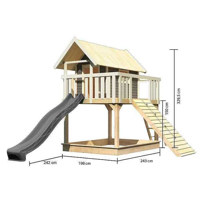 Karibu Spielhaus Set Fidel 25 - L x B x H: 243 x 198 x 329,5 cm, Holz, Terragrau - Erhöhtes Holzspielhaus mit dunkelgrauer Rutsche, Leiter und integriertem Sandkasten.