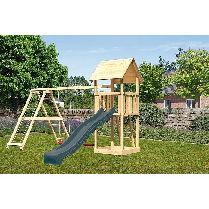 Karibu Kinderspielturm Set Lotti 61 - L x B x H: 107 x 107 x 291 cm, Holz, Naturbelassen - Natürlicher Holzspielturm mit dunkelgrauer Rutsche, Kletterleiter und Schaukeln, ideal für den Außenbereich.