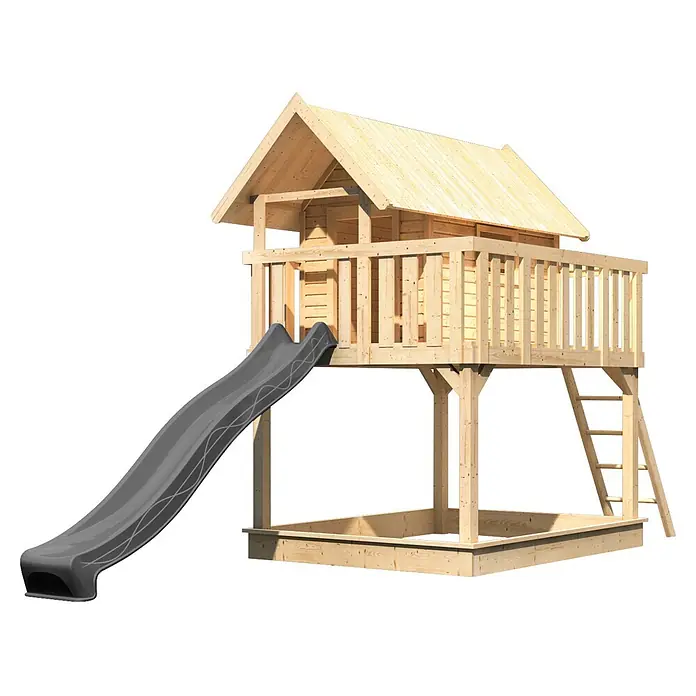 Karibu Spielhaus Set Fidel 19 - L x B x H: 243 x 198 x 329,5 cm, Holz, Naturbelassen - Holzspielhaus mit grauer Rutsche und integriertem Sandkasten.