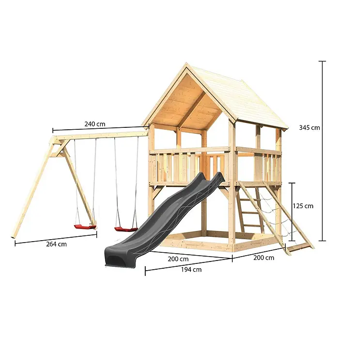Karibu Kinderspielturm Set Luis 35 - L x B x H: 200 x 200 x 345 cm, Holz, Naturbelassen - Holzspielplatz mit Haus, dunkelgrauer Rutsche und roten Schaukeln, bemaßt dargestellt.