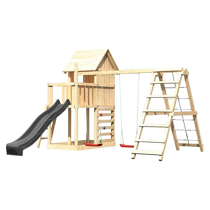 Karibu Spielhaus Set Frieda 70 - L x B x H: 107 x 107 x 291 cm, Holz, Naturbelassen - Hölzerner Spielplatz mit Spielhaus, dunkelgrauer Rutsche, zwei roten Schaukeln und Klettergerüst.
