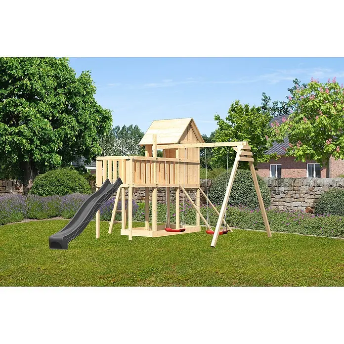 Karibu Spielhaus Set Frieda 56 - L x B x H: 107 x 107 x 291 cm, Holz, Naturbelassen - Großes Spielplatz-Set aus Holz mit schwarzer Rutsche und zwei roten Schaukeln, für den Außenbereich.