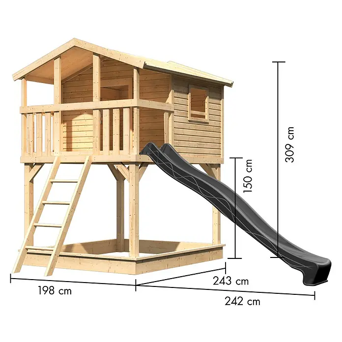 Karibu Spielhaus Benjamin Set 21 - L x B x H: 244 x 198 x 309 cm, Holz, Naturbelassen - Hölzernes Kinder-Spielhaus mit schwarzer Rutsche und Sandkasten, 309 cm hoch, mit einer 150 cm hohen Rutsche für draußen.