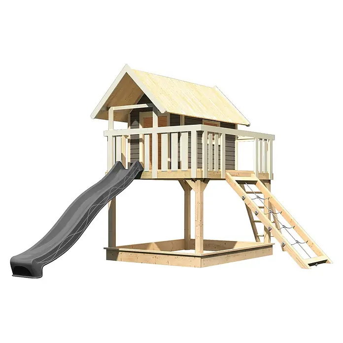 Karibu Spielhaus Set Fidel 26 - L x B x H: 243 x 198 x 329,5 cm, Holz, Terragrau - Hölzernes Spielhaus mit grauer Rutsche, Kletternetz und Sandkastenbasis für den Außenbereich.