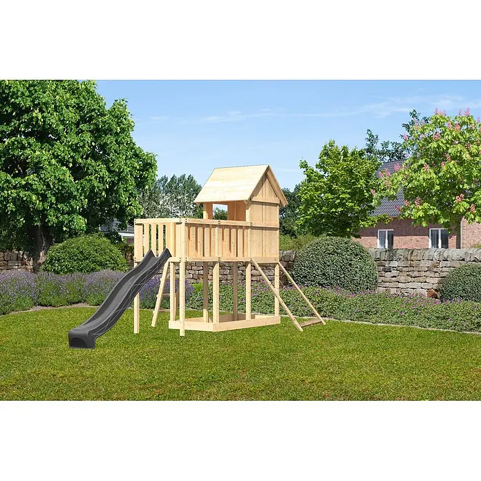 Karibu Spielhaus Set Frieda 55 - L x B x H: 107 x 107 x 291 cm, Holz, Naturbelassen - Spielturm aus Holz mit Haus und schwarzer Rutsche.