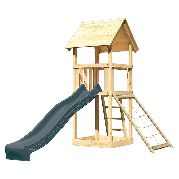 Karibu Kinderspielturm Set Lotti 55 - L x B x H: 107 x 107 x 291 cm, Holz, Naturbelassen - Spielturm aus Holz mit dunkelgrauer Rutsche, Leiter und Kletternetz, für den Außenbereich.