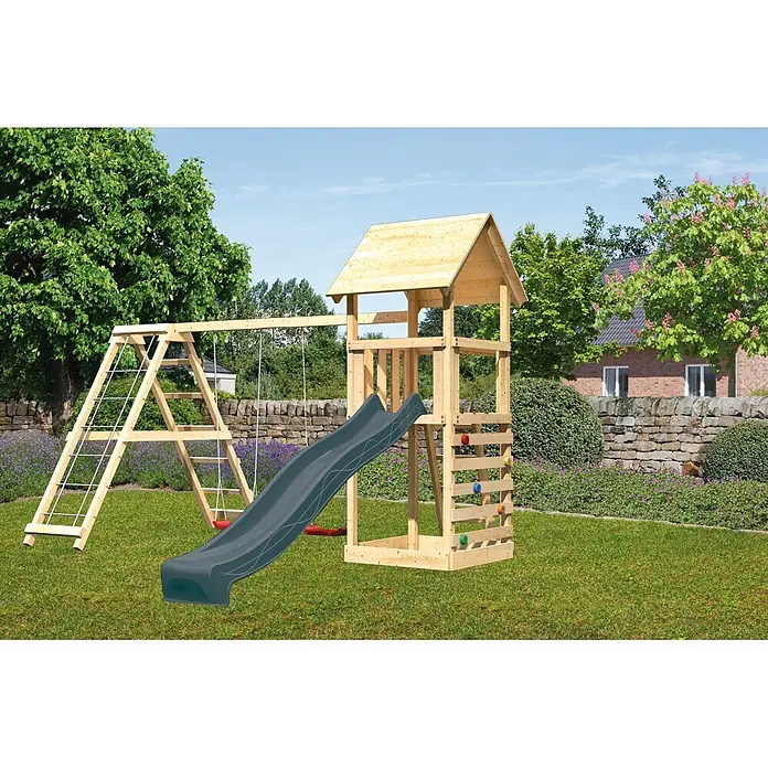 Karibu Kinderspielturm Set Lotti 71 - L x B x H: 107 x 107 x 291 cm, Holz, Naturbelassen - Hölzernes Spielgerüst mit dunkelgrauer Rutsche, Schaukeln und Kletterwand.
