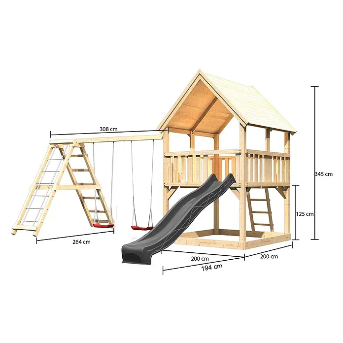 Karibu Kinderspielturm Set Luis 31 - L x B x H: 200 x 200 x 345 cm, Holz, Naturbelassen - Hölzernes Outdoor-Spielset mit Schaukel, Rutsche und mehrstöckigem Spielhaus, inklusive Maße.