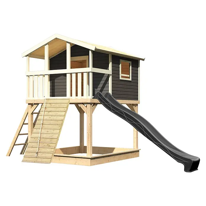 Karibu Spielhaus Benjamin Set 24 - L x B x H: 244 x 198 x 309 cm, Holz, Terragrau - Hölzerner Spielturm mit dunkelgrauem Spielhaus, Rutsche, Rampe, Leiter und Sandkasten. Für Kinder im Freien.
