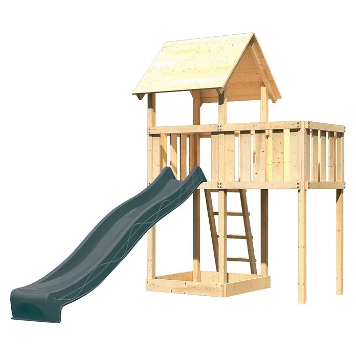 Karibu Kinderspielturm Set Lotti 60 - L x B x H: 107 x 107 x 291 cm, Holz, Naturbelassen - Holzspielturm mit grauer Rutsche, Spielhaus und Leiter für Kinder.