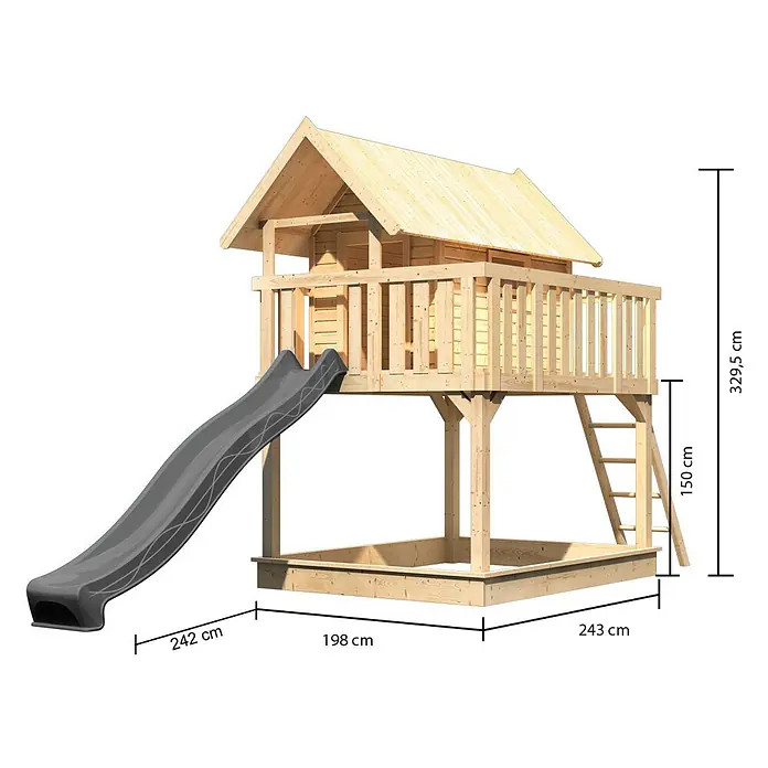 Karibu Spielhaus Set Fidel 19 - L x B x H: 243 x 198 x 329,5 cm, Holz, Naturbelassen - Holzspielhaus mit grauer Rutsche, erhöhter Plattform und integriertem Sandkasten darunter. Mit Leiterzugang.