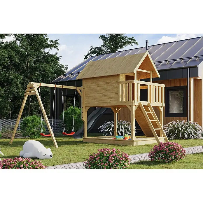 Karibu Spielhaus Set Fidel 23 - L x B x H: 243 x 198 x 329,5 cm, Holz, Naturbelassen - Hölzernes Spielplatz-Set mit Spielhaus, Schaukeln, Rutsche und Sandkasten.