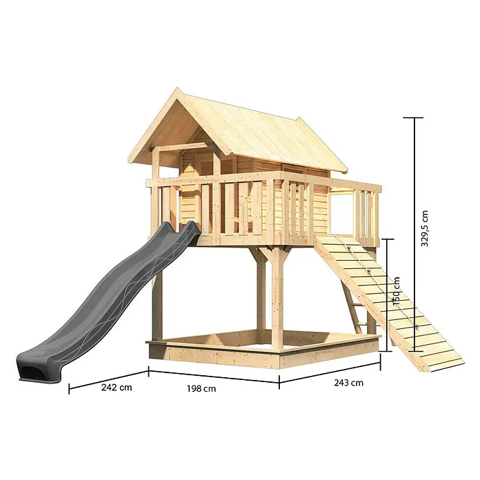 Karibu Spielhaus Set Fidel 20 - L x B x H: 243 x 198 x 329,5 cm, Holz, Naturbelassen - Hölzernes Spielhaus mit Rutsche, Sandkasten und Leiter, für den Spielbereich im Freien.