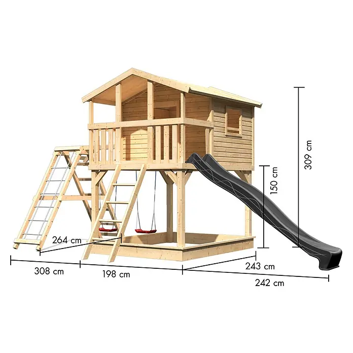 Karibu Spielhaus Benjamin Set 28 - L x B x H: 244 x 198 x 309 cm, Holz, Naturbelassen - Holzspielhaus mit Rutsche, Kletterwand, Leiter und zwei roten Schaukeln aus hellem Holz.