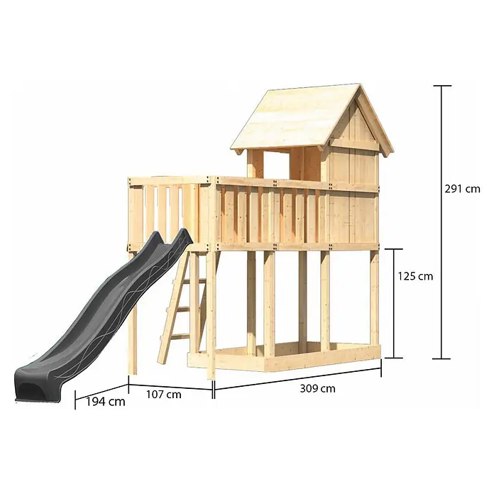Karibu Spielhaus Set Frieda 67 - L x B x H: 107 x 107 x 291 cm, Holz, Naturbelassen - Naturholz-Spielplatz mit dunkelgrauer Rutsche und Leiter, Maße für Höhe und Länge angegeben.