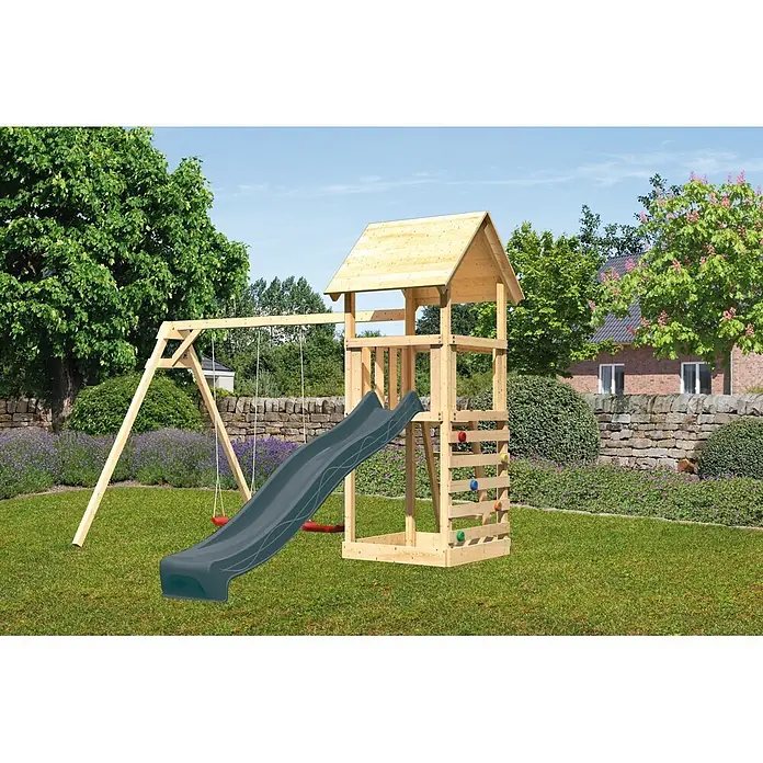 Karibu Kinderspielturm Set Lotti 57 - L x B x H: 107 x 107 x 291 cm, Holz, Naturbelassen - Hölzerner Spielturm mit dunkelgrauer Rutsche, zwei Schaukeln und Kletterwand.
