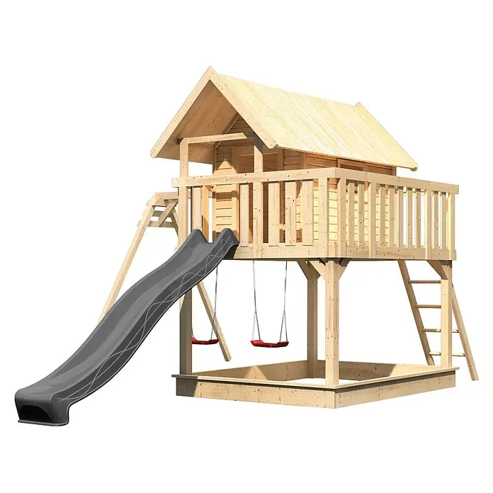 Karibu Spielhaus Set Fidel 23 - L x B x H: 243 x 198 x 329,5 cm, Holz, Naturbelassen - Holzspielhaus mit Rutsche, Schaukeln und Sandkasten.