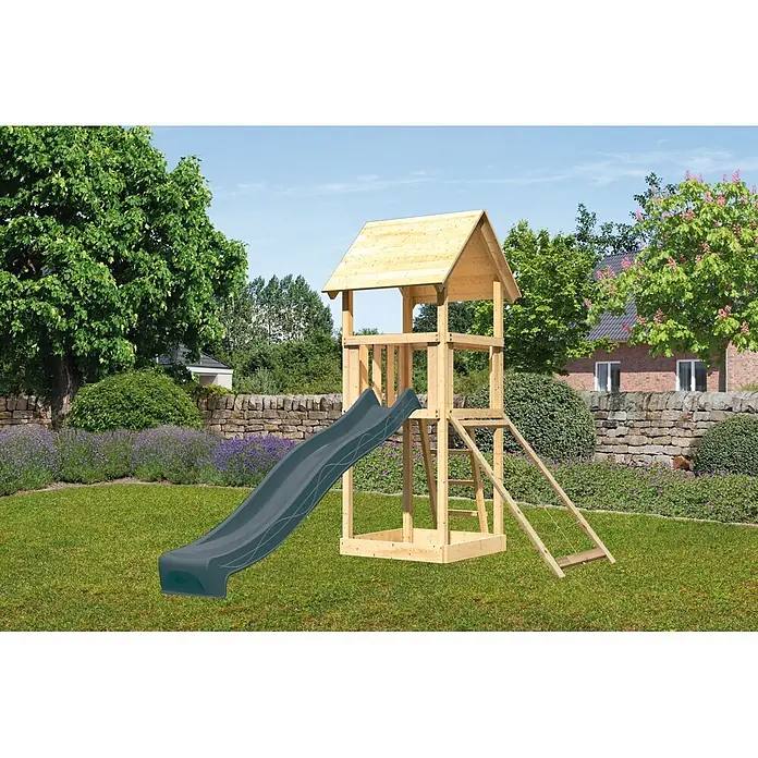 Karibu Kinderspielturm Set Lotti 55 - L x B x H: 107 x 107 x 291 cm, Holz, Naturbelassen - Holzspielturm mit grauer Rutsche im Garten.