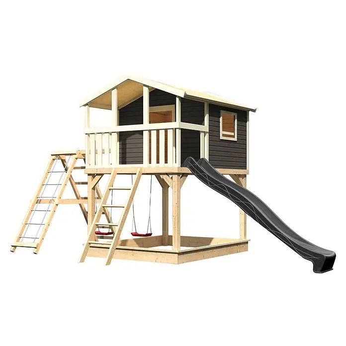 Karibu Spielhaus Benjamin Set 26 - L x B x H: 244 x 198 x 309 cm, Holz, Terragrau - Hölzernes Spielhaus mit dunkelgrauen Wänden, Naturholzrahmen, roten Schaukeln, schwarzer Rutsche und Kletterleitern.