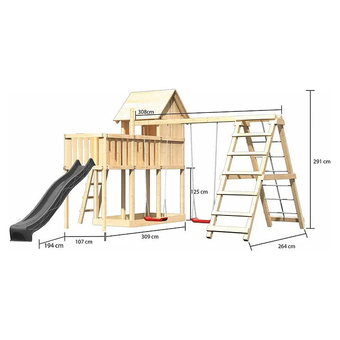 Karibu Spielhaus Set Frieda 72 - L x B x H: 107 x 107 x 291 cm, Holz, Naturbelassen - Hölzernes Outdoor-Spielset mit einem Haus, dunkler Rutsche, zwei roten Schaukeln und Klettergerüst.