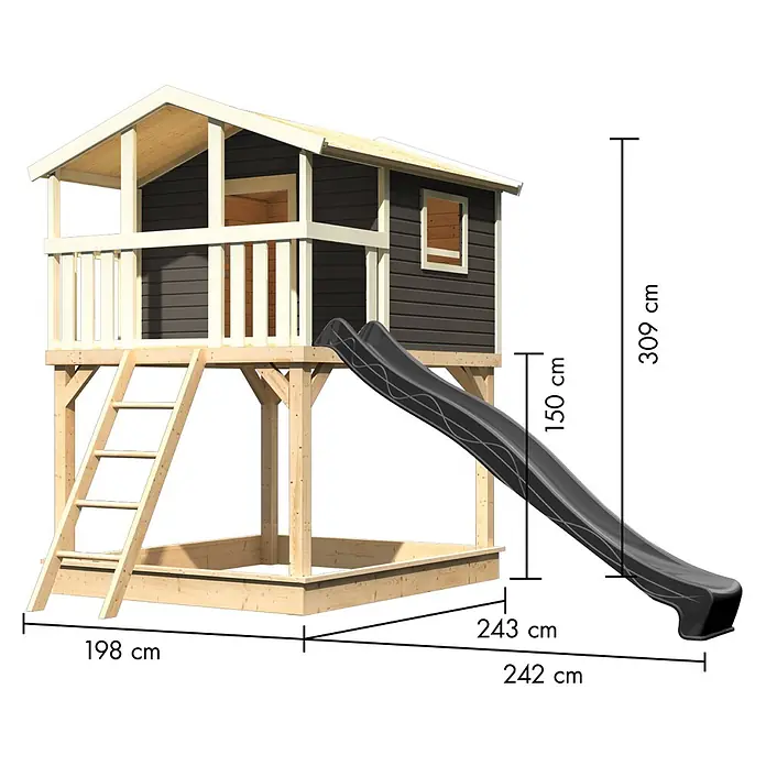 Karibu Spielhaus Benjamin Set 19 - L x B x H: 244 x 198 x 309 cm, Holz, Terragrau - Spielhaus aus Holz mit dunkelgrauen Wänden, schwarzer Rutsche und Sandkasten für Kinder.