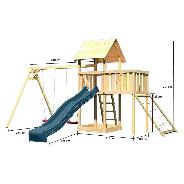 Karibu Kinderspielturm Set Lotti 69 - L x B x H: 107 x 107 x 291 cm, Holz, Naturbelassen - Hölzerner Kinderspielplatz mit Schaukeln, blauer Rutsche und Kletternetz, mit Maßen.